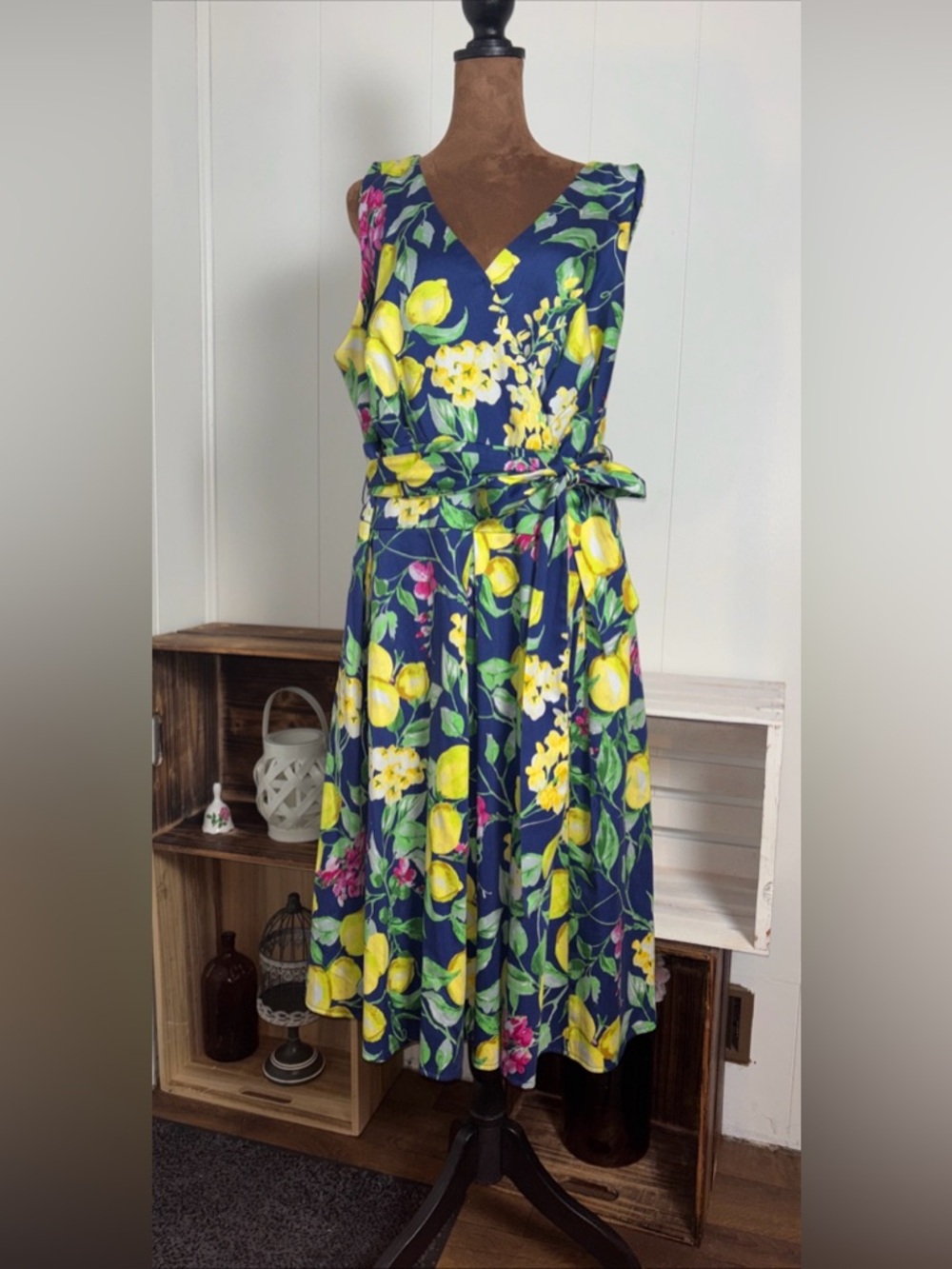 Roz & Ali Dress Blue with Yellow Lemons and Pink Flowers Vibrant Sz XXL(18)